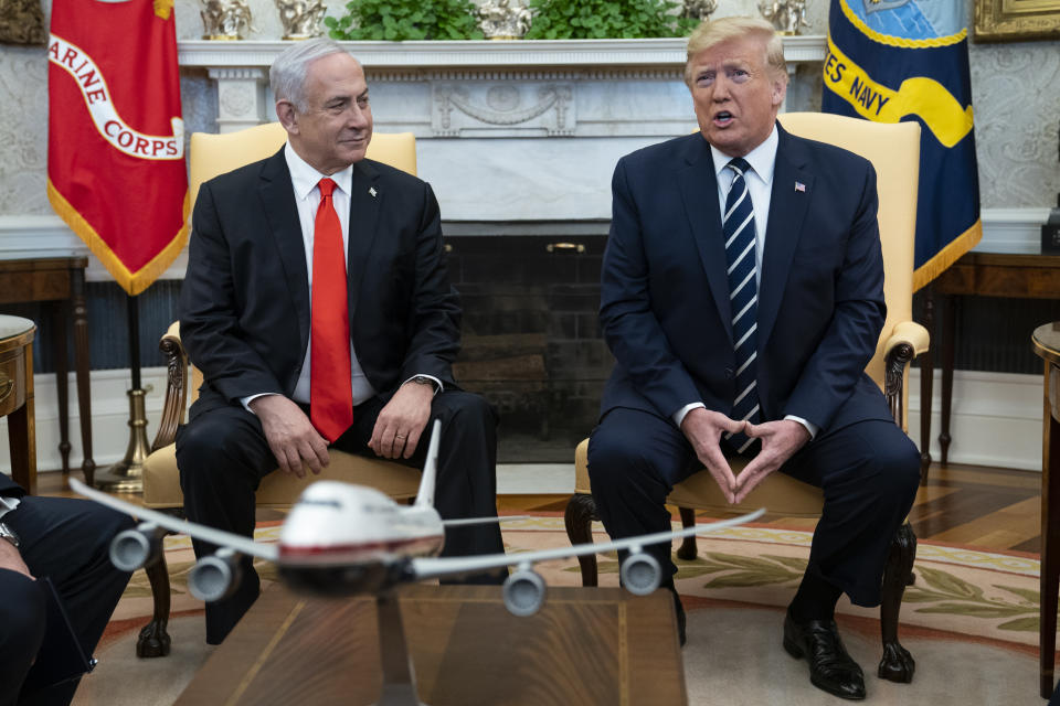 President Donald Trump speaks during a meeting with Israeli Prime Minister Benjamin Netanyahu in the Oval Office of the White House, Monday, Jan. 27, 2020, in Washington. (AP Photo/ Evan Vucci)