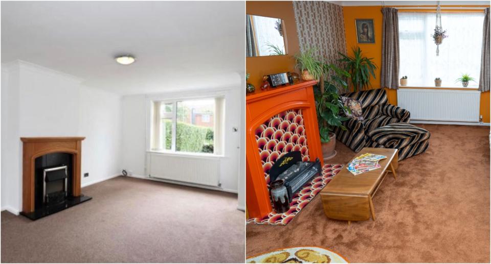 A before an after picture of the living room which shows a modern living room on the left and a living room with 1970s decor on the right. (SWNS)