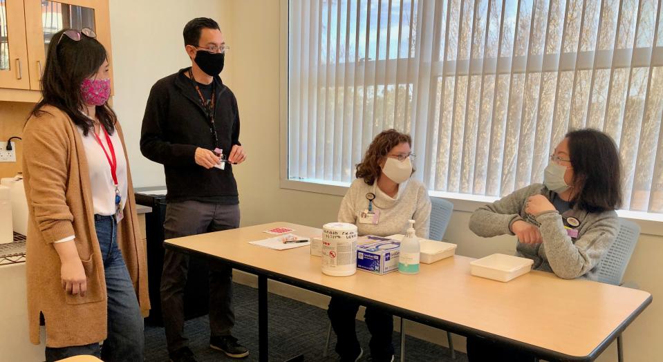 UCI Health pharmacy and other hospital staff conduct a COVID-19 vaccine run-through session on Sunday, Dec. 13, 2020 as they prepared for actual vaccine to arrive in the next week.