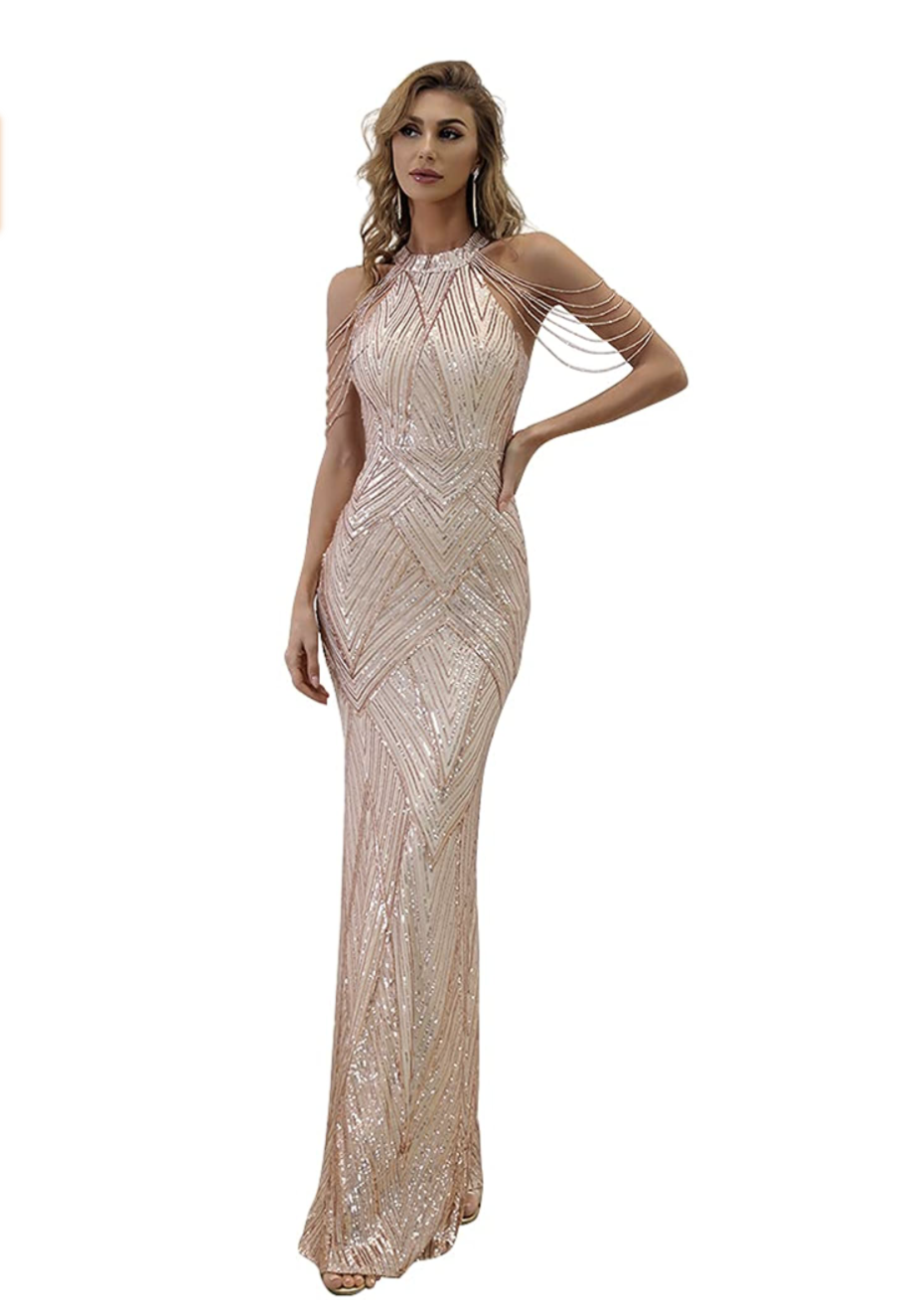 Formal Halter Sequin Tassel Bodycon Maxi Prom Dress