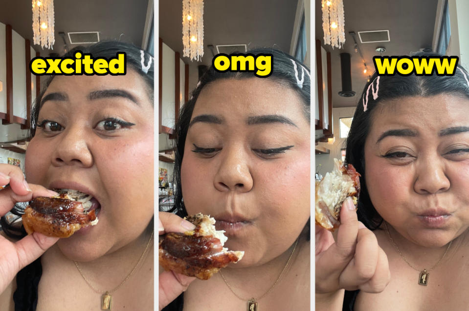 Three-panel image of a woman eating a pastry, showing expressions of excitement, amazement, and delight with the words "excited," "omg," and "woww" above her respectively