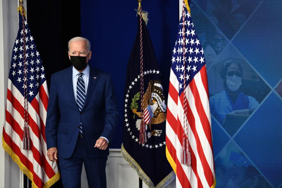 US President Joe Biden arrives to deliver remarks and receive a Covid-19 booster shot in line with the CDCs and FDAs recommendations on September 27, 2021 at the White House in Washington, DC. - Joe Biden faces the most important test of his presidency this week as Democrats in the US Congress launch a highwire bid to implement his sweeping economic agenda while keeping the government's lights on. (Photo by Brendan Smialowski / AFP) (Photo by BRENDAN SMIALOWSKI/AFP via Getty Images)