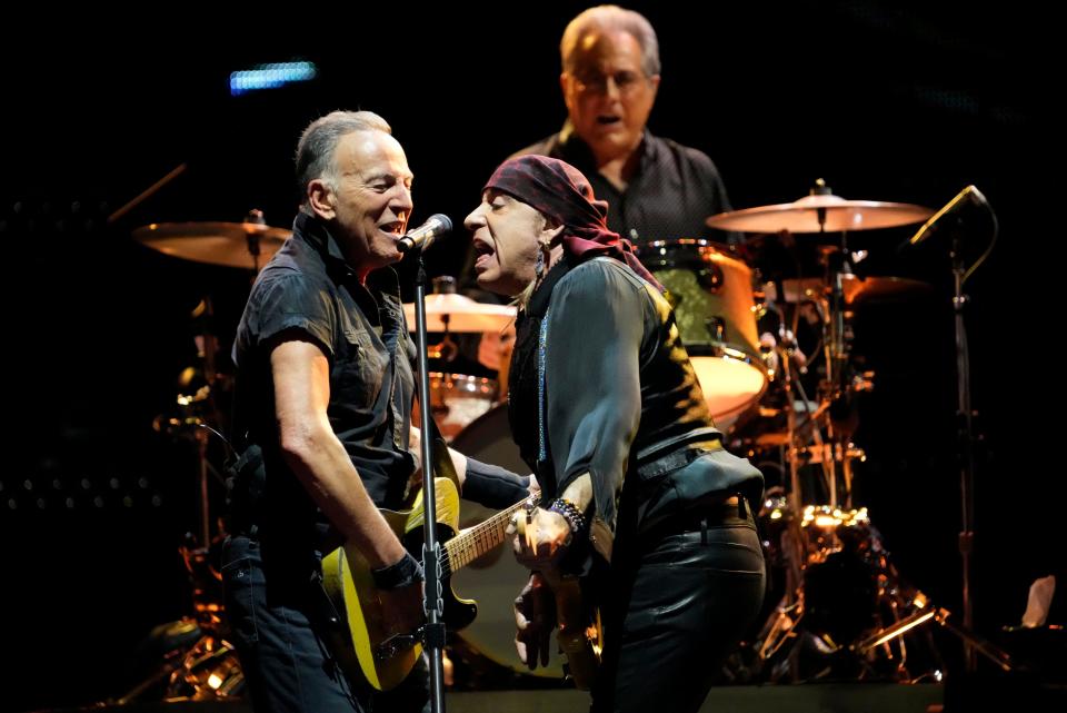 Bruce Springsteen, Steven Van Zandt, and Max Weinberg (on drums, background) are shown at MetLife Stadium, in East Rutherford. Wednesday, August 30, 2023