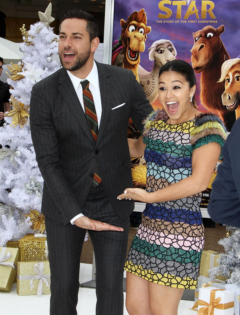 <p>The co-stars were superexcited to be at the premiere of their new movie, <em>The Star</em>. Levi and Rodriguez provide the voices of Joseph and Mary in the animated film about the story of Christmas. (Photo: Grosby Group/Backgrid)<br><br></p>