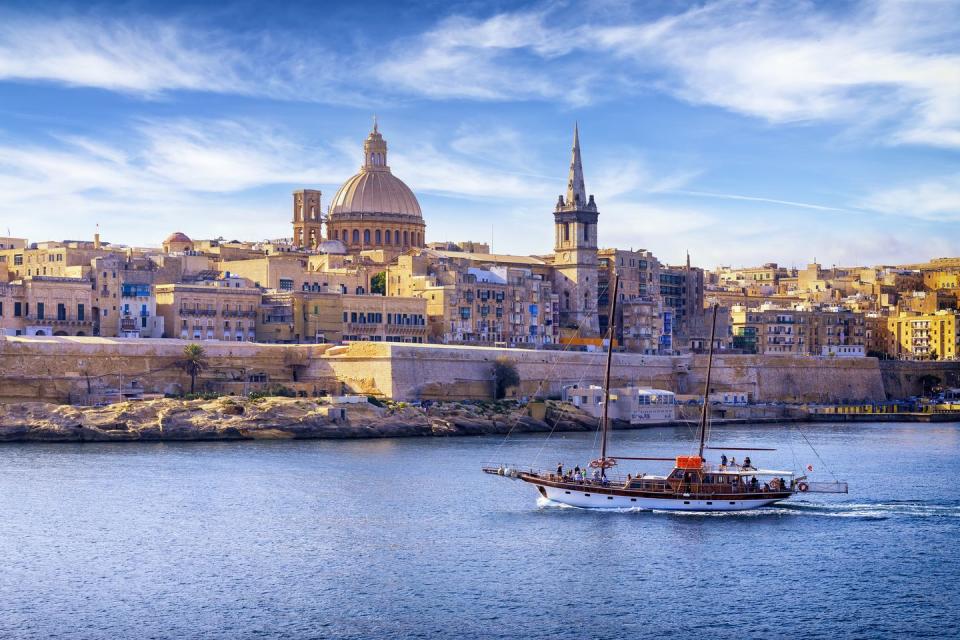 malta mediterranean travel destination, marsamxett harbour and valletta with cathedral of saint paul