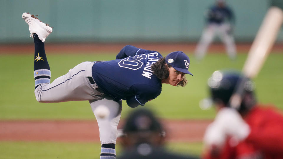 Tampa Bay Rays starting pitcher Tyler Glasnow delivers during the first inning of a baseball game against the Boston Red Sox at Fenway Park, Wednesday, Sept. 27, 2023, in Boston. (AP Photo/Charles Krupa)