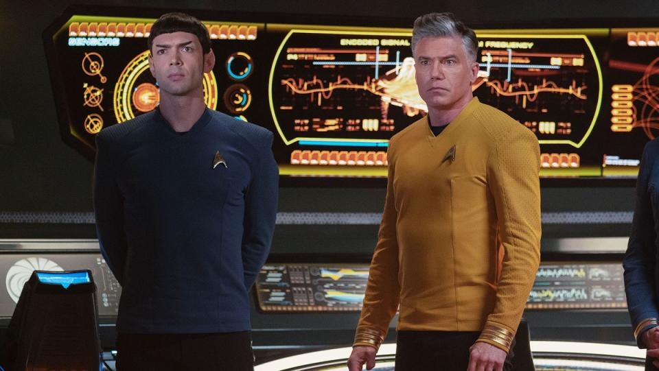 Spock and Pike on the Bridge of the Enterprise on Star Trek: Strange New Worlds.