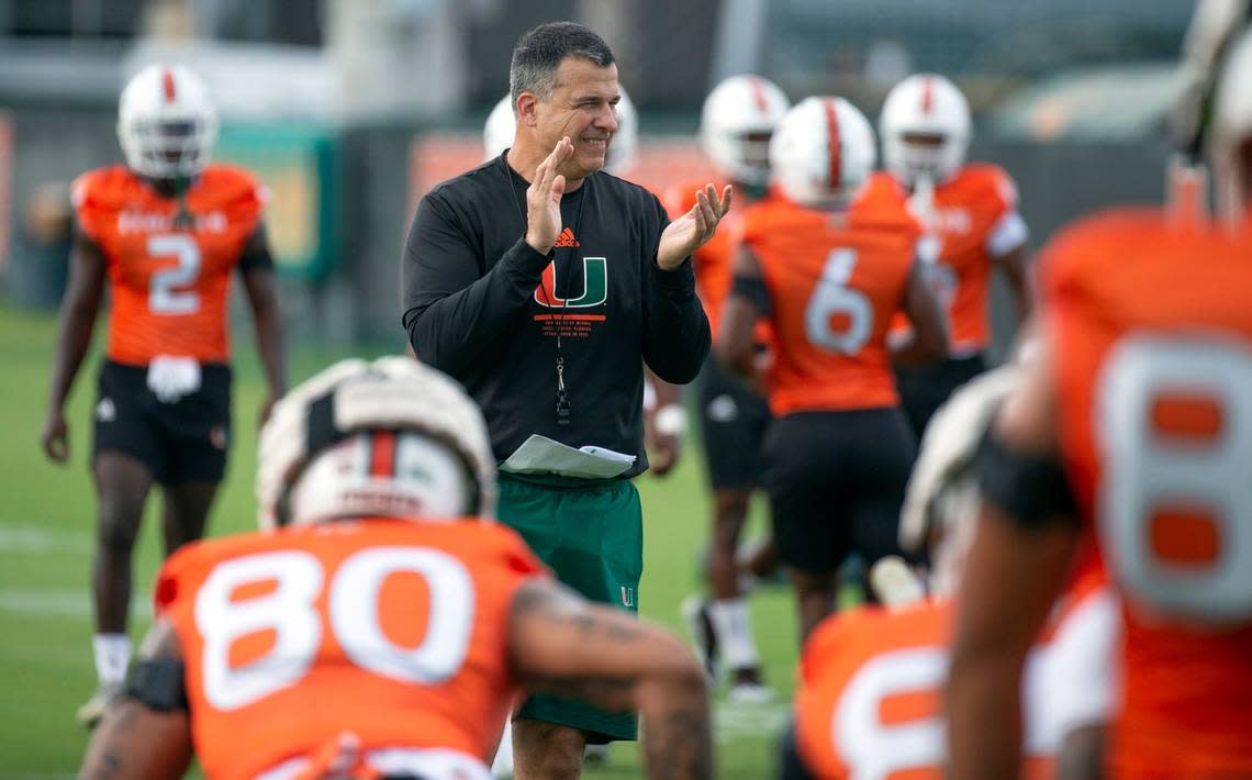 Miami Hurricanes coach Mario Cristobal and the team begin first day of practice at Greentree Practice Field at the University of Miami in Coral Gables on Friday, August 5, 2022.