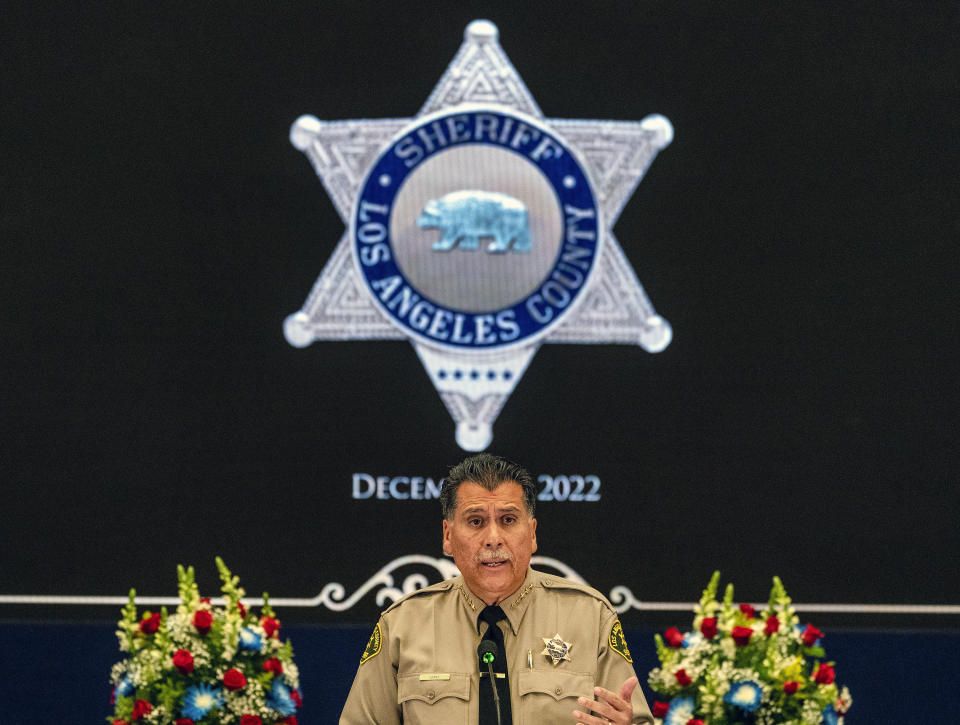 New Los Angeles County Sheriff Robert Luna speaks after being sworn in as the 34th Los Angeles Sheriff during a ceremony in Los Angeles, Saturday, Dec. 3, 2022. (AP Photo/Damian Dovarganes)