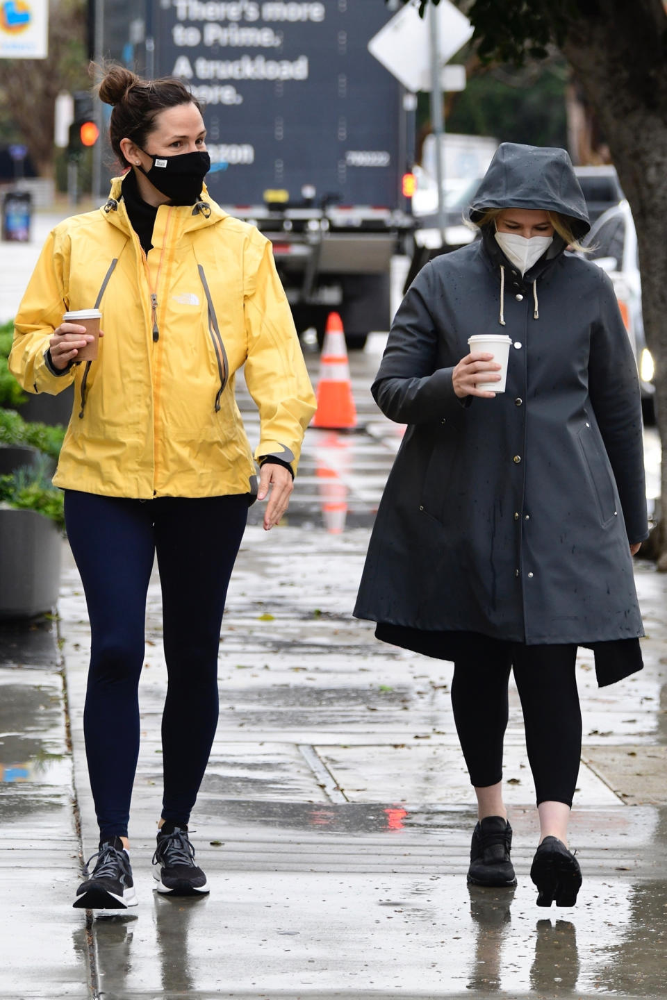 <p>Jennifer Garner was spotted picking up coffee with a friend and wearing a bright yellow rain jacket in Brentwood, California.</p>