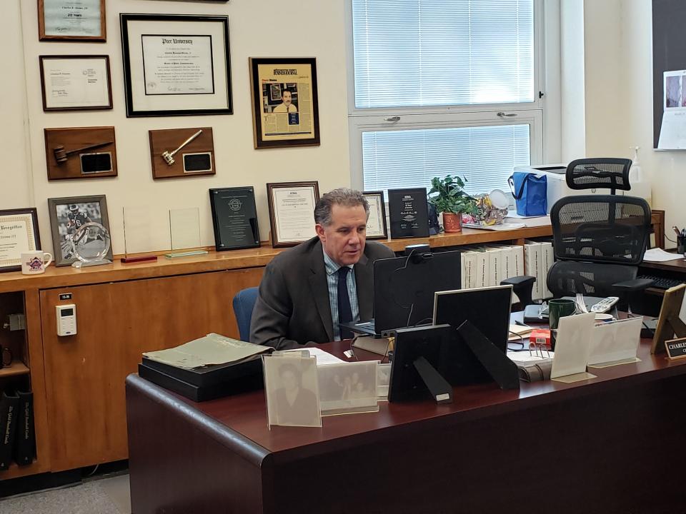 New Rochelle City Manager Chuck Strome on a video conference call from City Hall during the coronavirus crisis.