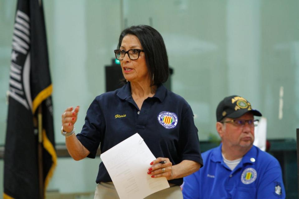 Gloria Sapien Peña, a U.S. Army Nurse Corps Vietnam War veteran, speaks during an April 22 Vietnam Veterans of America El Paso Chapter 844 meeting. She is among Vietnam veterans who go to El Paso schools to speak of their experiences during and after the war.