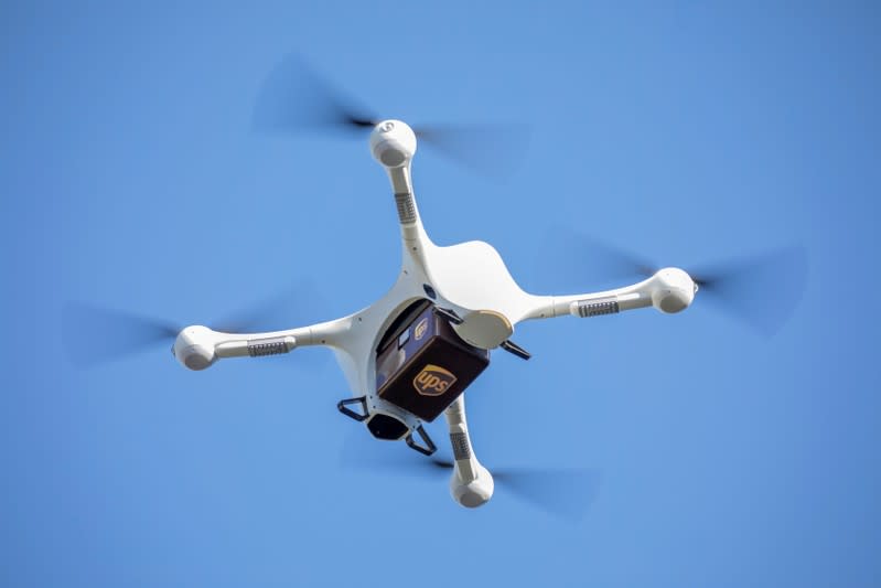 FILE PHOTO: A UPS drone makes a Flight Forward medical delivery on WakeMed Health & Hospitals' main campus in Raleigh