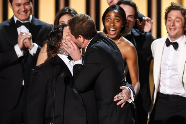 Matty Matheson and Ebon Moss-Bachrach accept the Outstanding Comedy Series award for 'The Bear' onstage during the 75th Primetime Emmy Awards. - Credit: Monica Schipper/WireImage/Getty