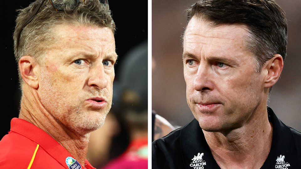 Collingwood coach Craig McRae (pictured right) and Gold Coast coach Damien Hardwick (pictured left) have taken a dig at the AFL fixtures for not being 'fair'. (Getty Images)