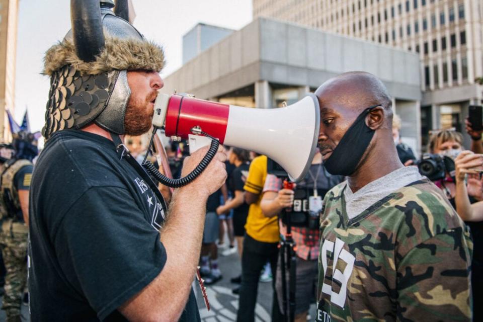 Demonstrators argue in front of the Louisville Metro Hall on September 5, 2020 in Louisville, Kentucky. (Photo by Brandon Bell/Getty Images)