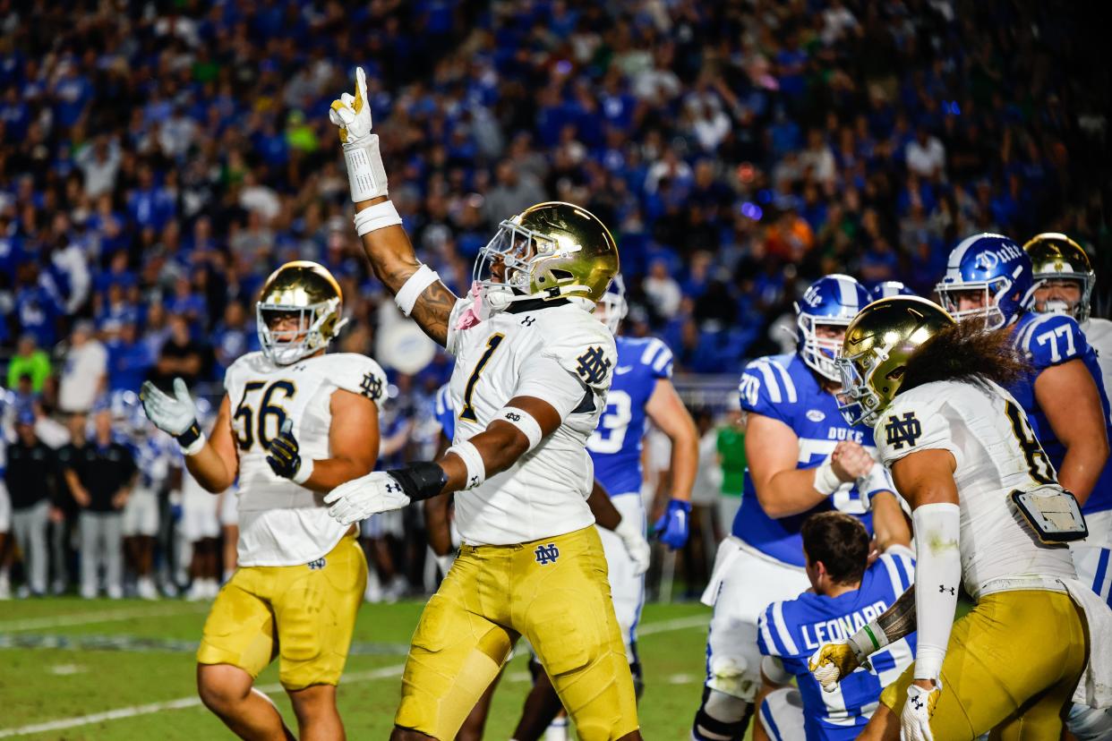 Sep 30, 2023; Durham, North Carolina, USA; Notre Dame Fighting Irish defensive lineman Javontae Jean-Baptiste (1) celebrates during the first half of the game against Duke Blue Devils at Wallace Wade Stadium. Mandatory Credit: Jaylynn Nash-USA TODAY Sports