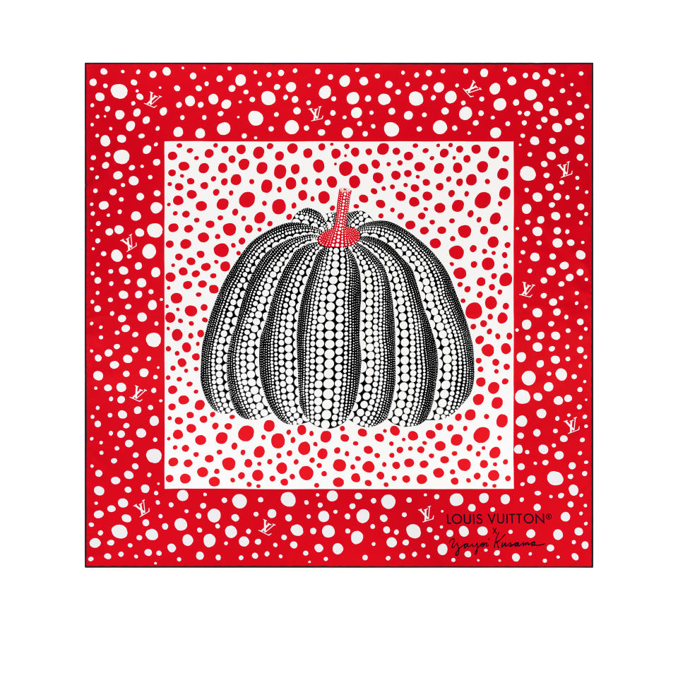 A silk square printed with “infinity dots” and a pumpkin.