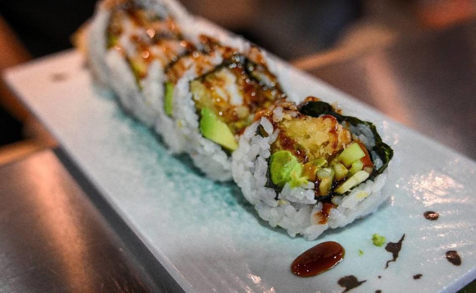A Crazy Roll, featuring tempura shrimp, is served up at Tsukiji Japanese Cuisine, an all-you-can-eat restaurant now open in north Fresno.