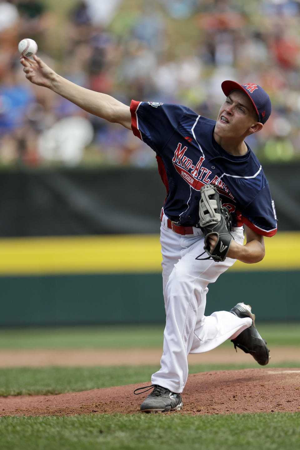 Endwell, N.Y.'s Ryan Harlost pitches during the fourth inning of the Little League World Series Championship baseball game against South Korea, Sunday, Aug. 28, 2016, in South Williamsport, Pa. (AP Photo/Matt Slocum)