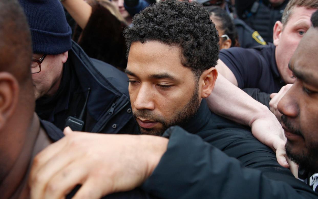 In this February 21 file photo, Jussie Smollett leaves George N Leighton Criminal Courthouse in Chicago - FR136454 AP