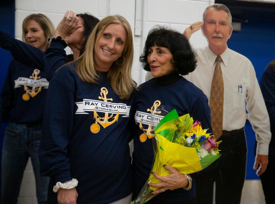 Ray Cervino's wife Mary receives flowers and warm wishes from friends and former players. The Toms River school district dedicates a gymnasium in Toms River High School North to legendary girls basketball head coach Ray Cervino who died a few months ago. A ceremony was held with family members, school officials, and alumni present for the dedication.     Toms River, NJThursday, January 5, 2023