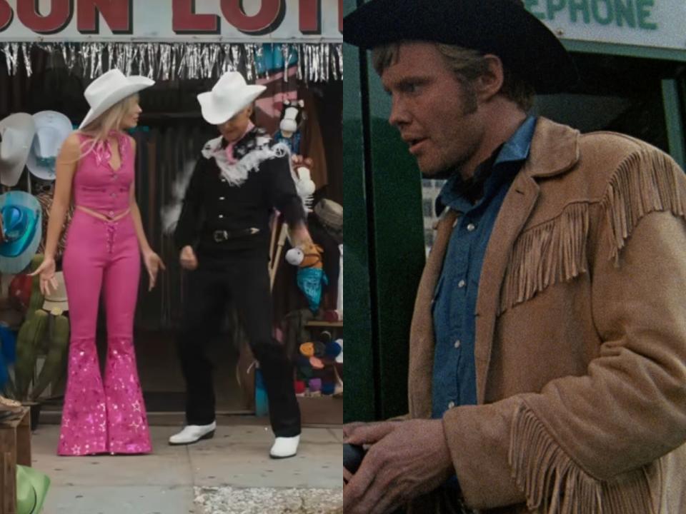 Left: Margot Robbie and Ryan Gosling in "Barbie." Right: Jon Voight in "Midnight Cowboy."