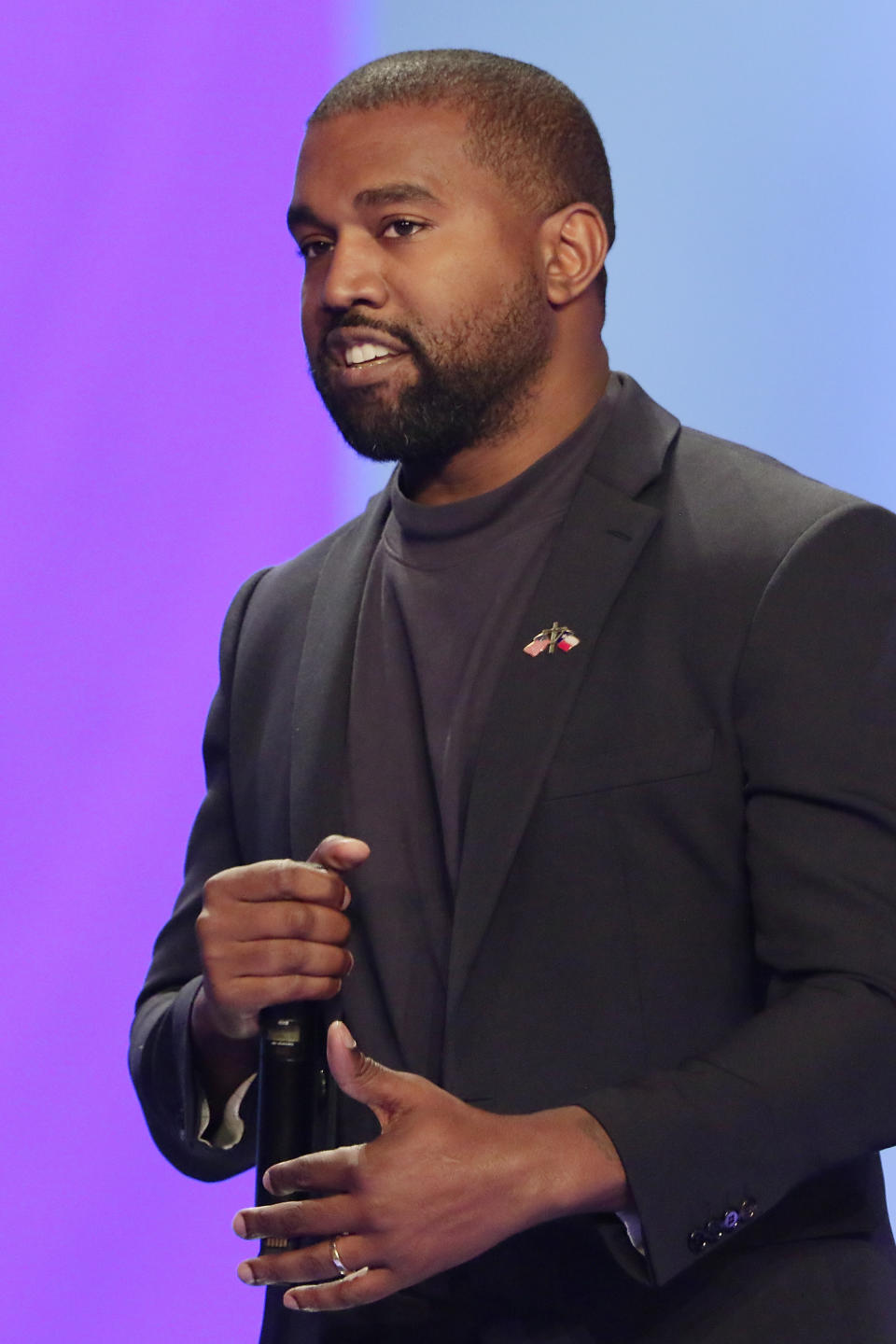 Kanye West answers questions from Sr. pastor Joel Osteen during the 11 am service at Lakewood Church Sunday, Nov. 17, 2019, in Houston. (AP Photo/Michael Wyke)