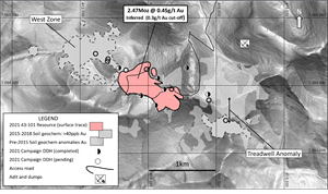 Florin Project drill campaign, location of 2.47Moz gold inferred resource, adjacent soil anomalies and old workings