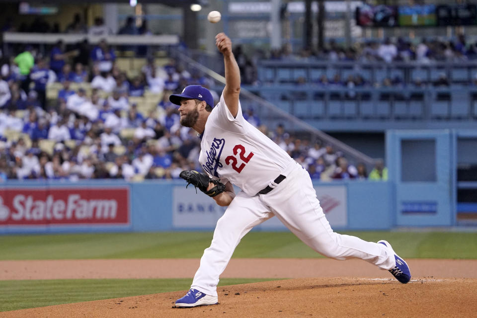 Los Angeles Dodgers starting pitcher Clayton Kershaw throws to the plate during the first inning of a baseball game against the Detroit Tigers Saturday, April 30, 2022, in Los Angeles. (AP Photo/Mark J. Terrill)