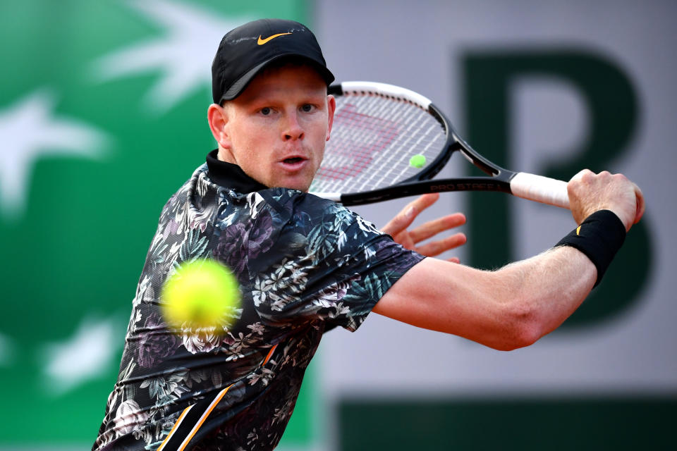 Kyle Edmund of Great Britain returns the ball during his mens singles first round match against Jeremy Chardy of France during Day two of the 2019 French Open at Roland Garros on May 27, 2019 in Paris, France. (Photo by Clive Mason/Getty Images)