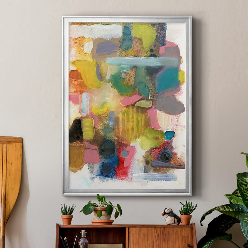 the large abstract painting with a multicolored design