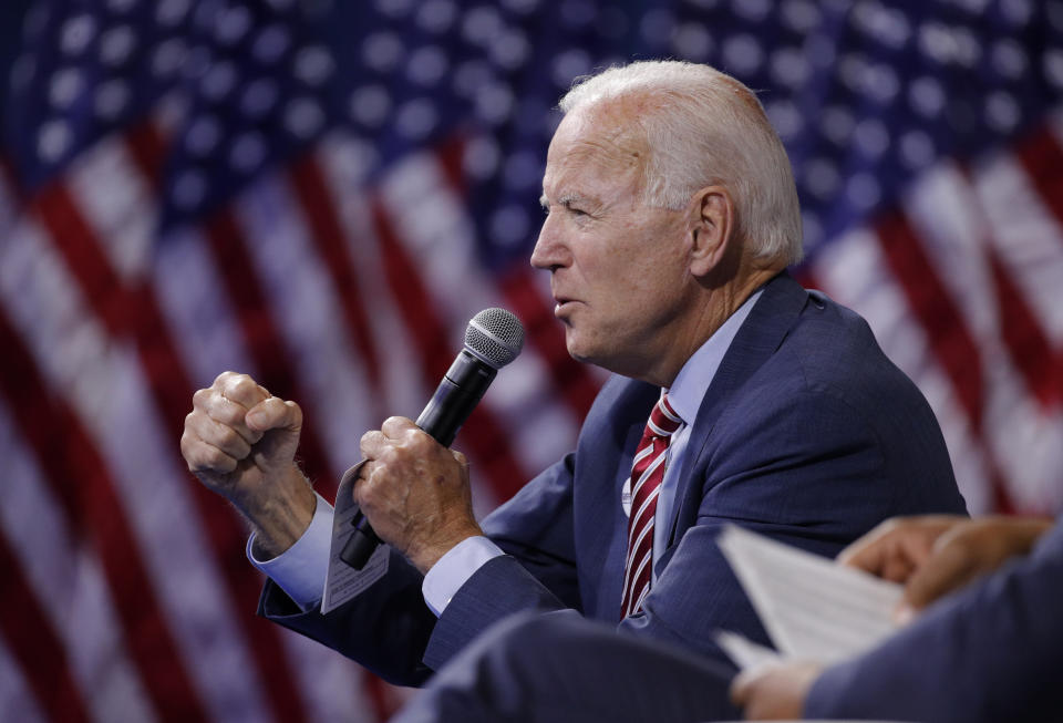 Former Vice President and Democratic presidential candidate Joe Biden speaks during a gun safety forum Wednesday, Oct. 2, 2019, in Las Vegas. (AP Photo/John Locher)