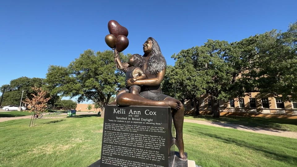 Kelli Cox's family created a statue in her honor on the campus of the University of North Texas, in Denton, where Kelli had once been a student.  / Credit: CBS News