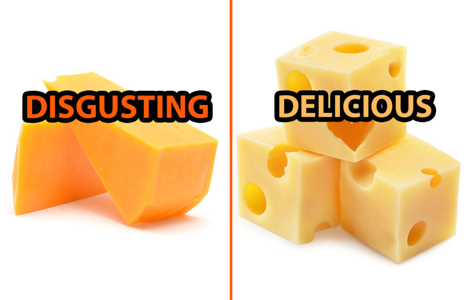 Two types of cheese are shown. On the left, labeled "Disgusting," is a wedge of processed cheese. On the right, labeled "Delicious," are cubes of Swiss cheese with holes