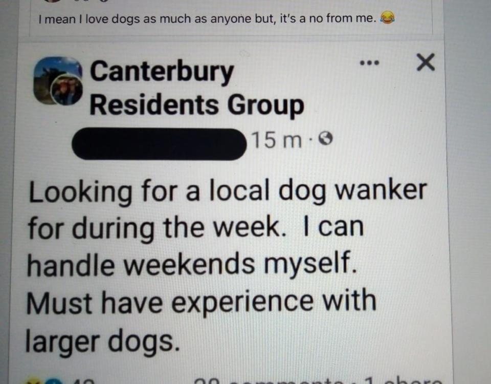 "Looking for a local dog wanker for during the week."