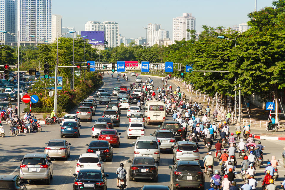 Aerial view of Hanoi cityscape, many traffic in rush hours.