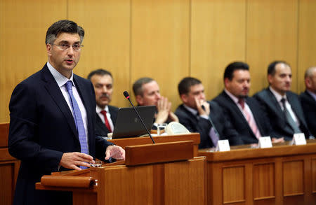 Croatia's Prime Minister-designate Andrej Plenkovic speaks in the parliament before the government is approved in Zagreb, Croatia, October 19, 2016. REUTERS/Antonio Bronic