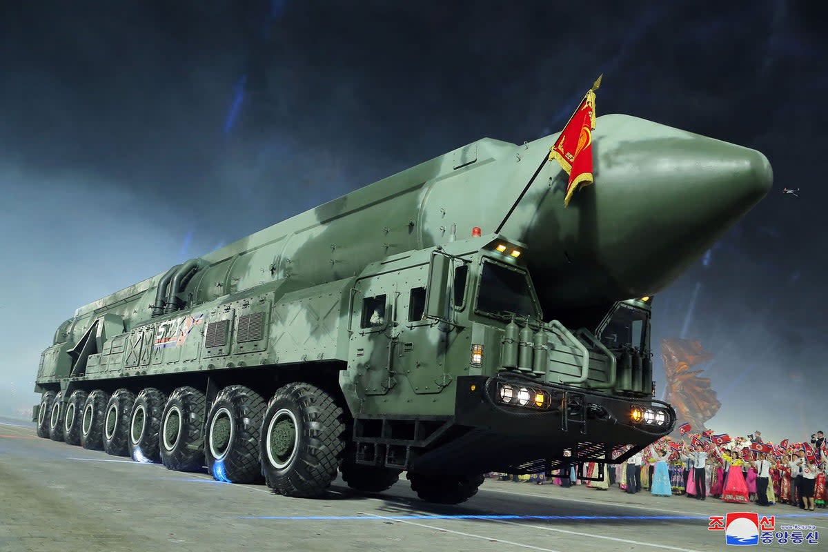 New model of intercontinental ballistic missile (ICBM), the solid-fuel Hwasong-18, being paraded at Kim Il Sung Square in Pyongyang to mark a key anniversary of the Korean War (KCNA VIA KNS/AFP via Getty Image)
