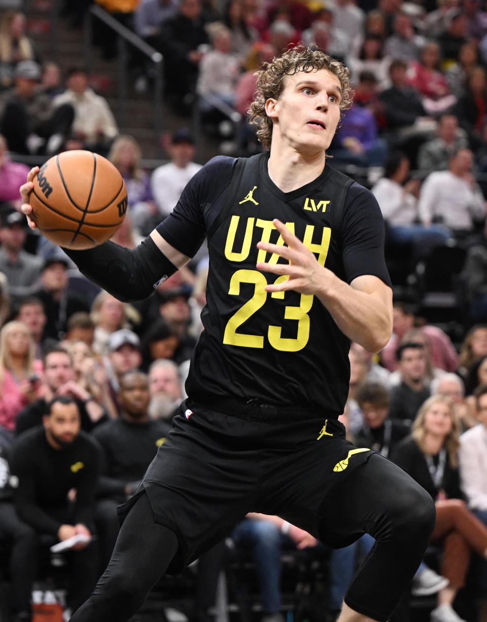 Utah Jazz forward Lauri Markkanen (23) goes up for a layup as the Utah Jazz and the Los Angeles Lakers play at the Delta Center in Salt Lake City on Wednesday, Feb. 14, 2024. | Scott G Winterton, Deseret News