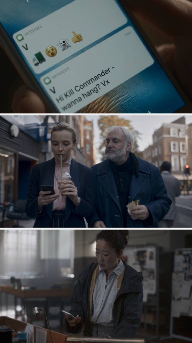 image of text exchange in season 2 episode 6 of Killing Eve, "I Hope You Like Missionary!"