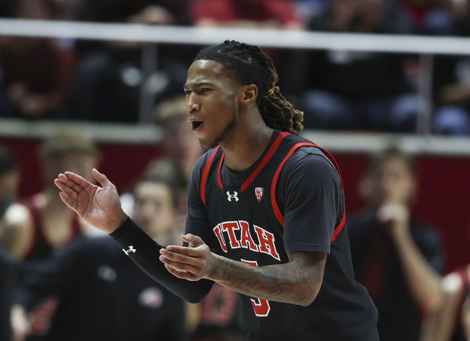 Utah Utes guard Deivon Smith (5) cheers during the game against UCLA at the University of Utah’s Huntsman Center in Salt Lake City on Thursday, Jan. 11, 2024. | Laura Seitz, Deseret News