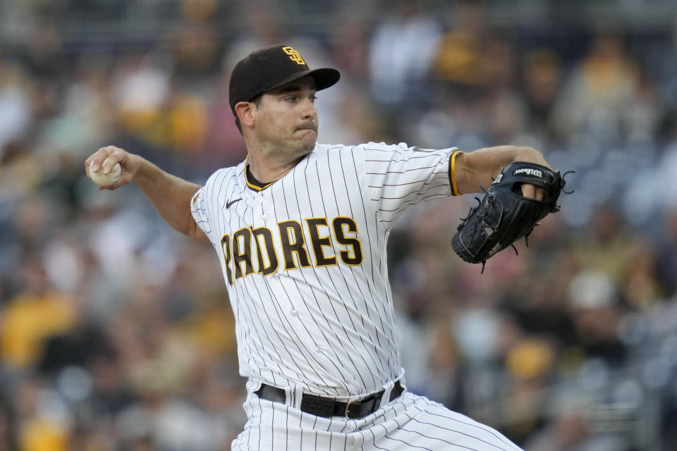 San Diego Padres starting pitcher Seth Lugo works against a Kansas City Royals batter during the first inning of a baseball game Tuesday, May 16, 2023, in San Diego. (AP Photo/Gregory Bull)