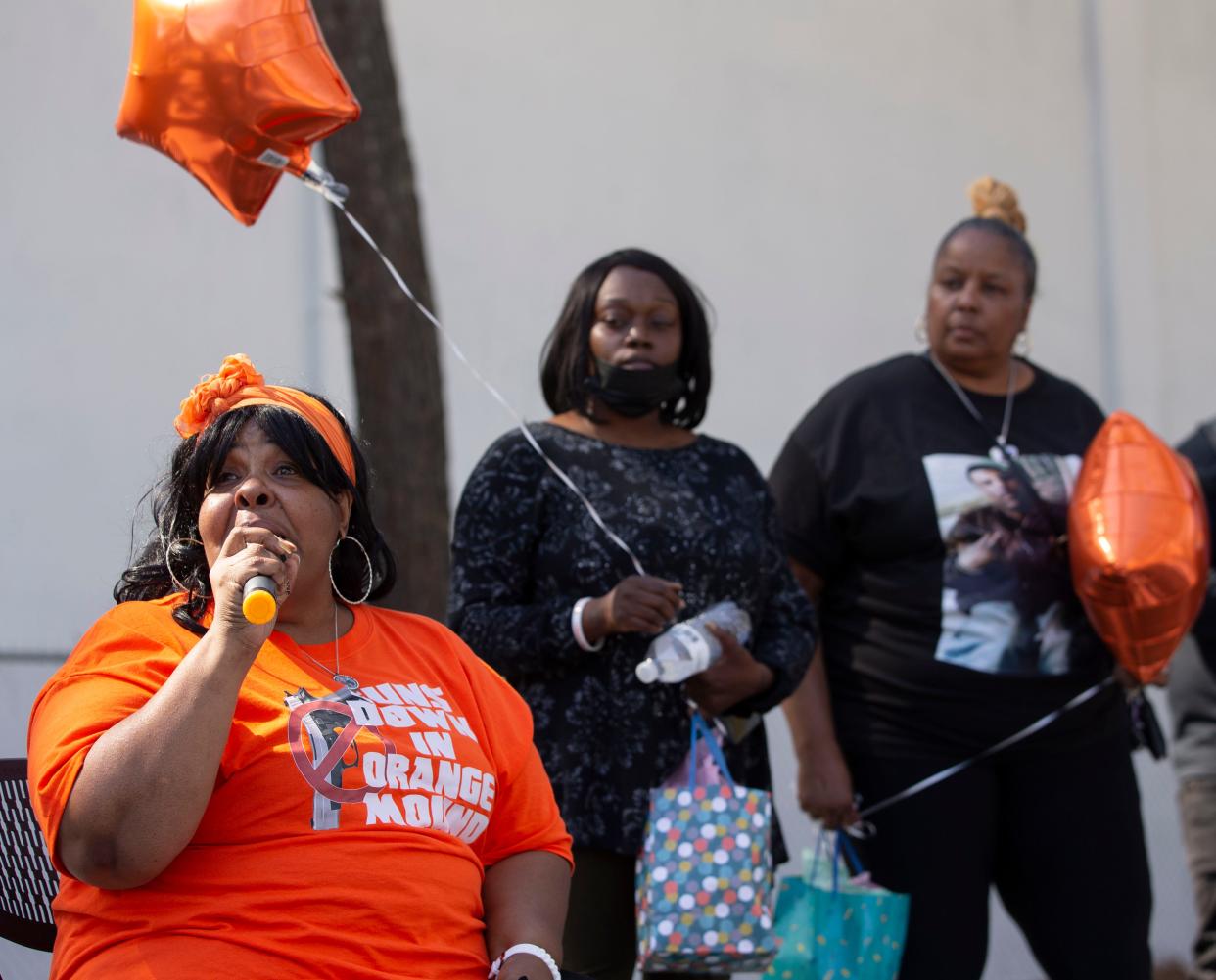 Organizer Esther Jones speaks during the second annual Women Against Violence Everyday event Saturday, April 2, 2022, at Orange Mound Park in Memphis. The event seeks to provide continued support for mothers who lost a child to gun violence. "We just want to love on them," Renardo Baker, organizer, said.