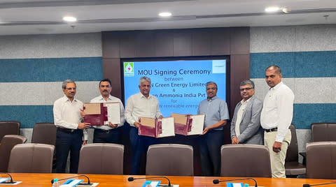 L to R - A M Jha, CFO, SGEL, Ajay Kumar Singh, CEO, SGEL, Akhileshwar Singh, Director of Finance, SJVN Ltd, B C Tripathi, Senior Advisor, AM Green, Jitendra Yadhav, HOD (F&A), SJVN Ltd, Dharampal Reddy, AVP, AM Green (Photo: Business Wire)