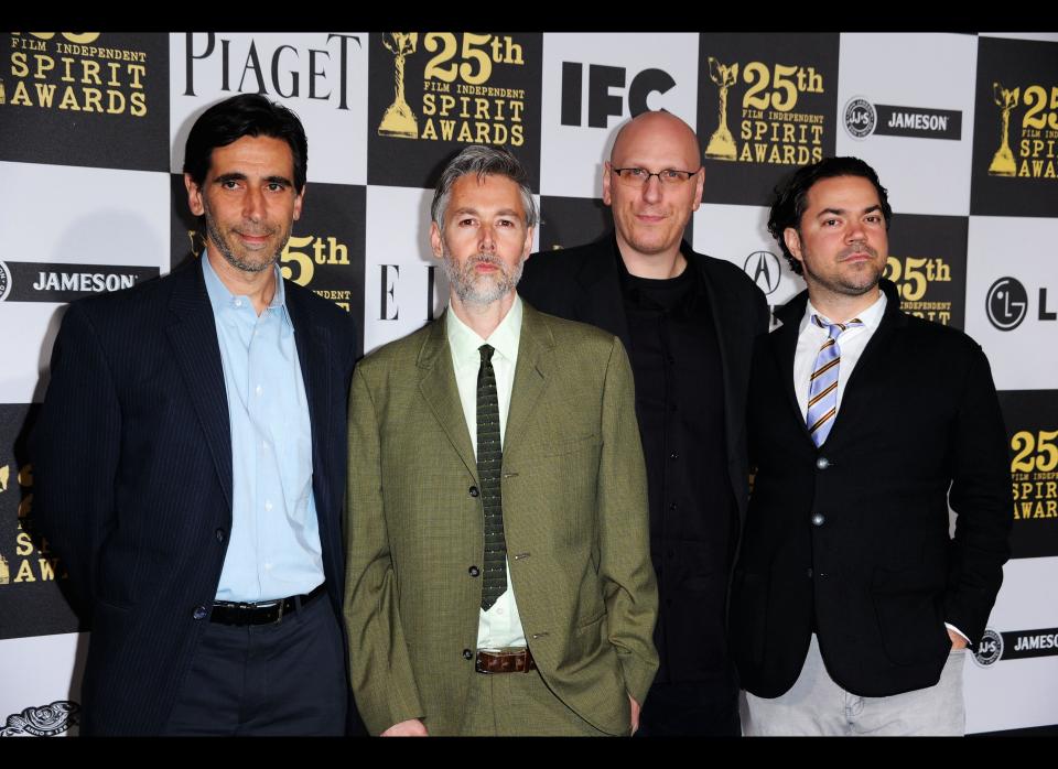 LOS ANGELES, CA - MARCH 05: (L-R) Screenwriter Alessandro Camon, musician/producer Adam Yauch, writer-director Oren Moverman and producer Lawrence Inglee arrive at the 25th Film Independent's Spirit Awards held at Nokia Event Deck at L.A. Live on March 5, 2010 in Los Angeles, California. (Photo by Frazer Harrison/Getty Images)