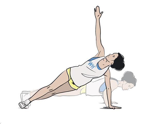 <p><strong>1/</strong> Start in the tricep push-up position (elbows tracking in and close to the body) and lower down twice.</p><p><strong>2/ </strong>Shift your weight to your left arm, twist to the side and bring your right hand up towards the ceiling. </p>