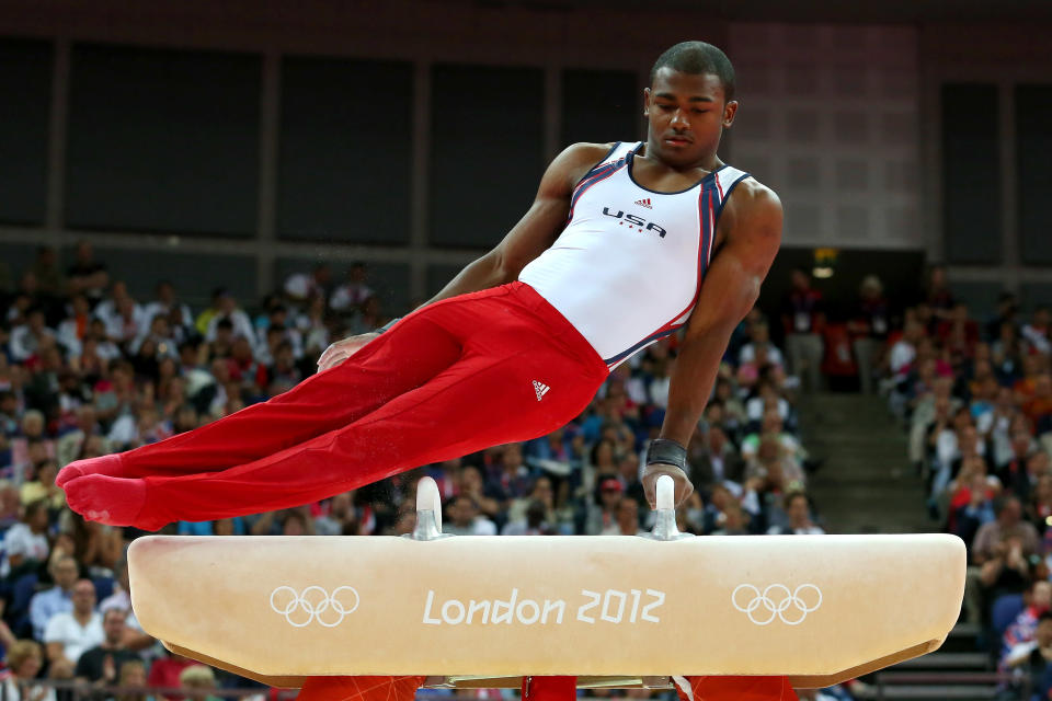 LONDON, ENGLAND - JULY 30: John Orozco of the United States of America competes on the pommel horse in the Artistic Gymnastics Men's Team final on Day 3 of the London 2012 Olympic Games at North Greenwich Arena on July 30, 2012 in London, England. (Photo by Ronald Martinez/Getty Images)