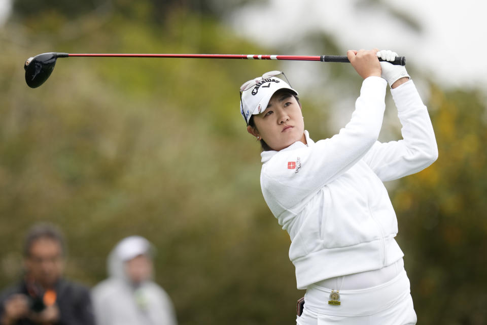 Rose Zhang hits from the 15th tee during the second round of the U.S. Women's Open golf tournament at the Pebble Beach Golf Links, Friday, July 7, 2023, in Pebble Beach, Calif. (AP Photo/Godofredo A. Vásquez)