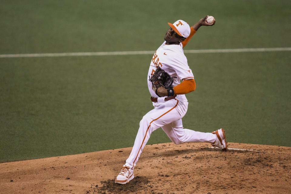 Texas pitcher Lebarron Johnson Jr. pitches against San Diego at UFCU Disch–Falk Field in February. Johnson picked up the win Sunday against TCU  as he pitched 6⅓ innings while allowing three hits and one run.